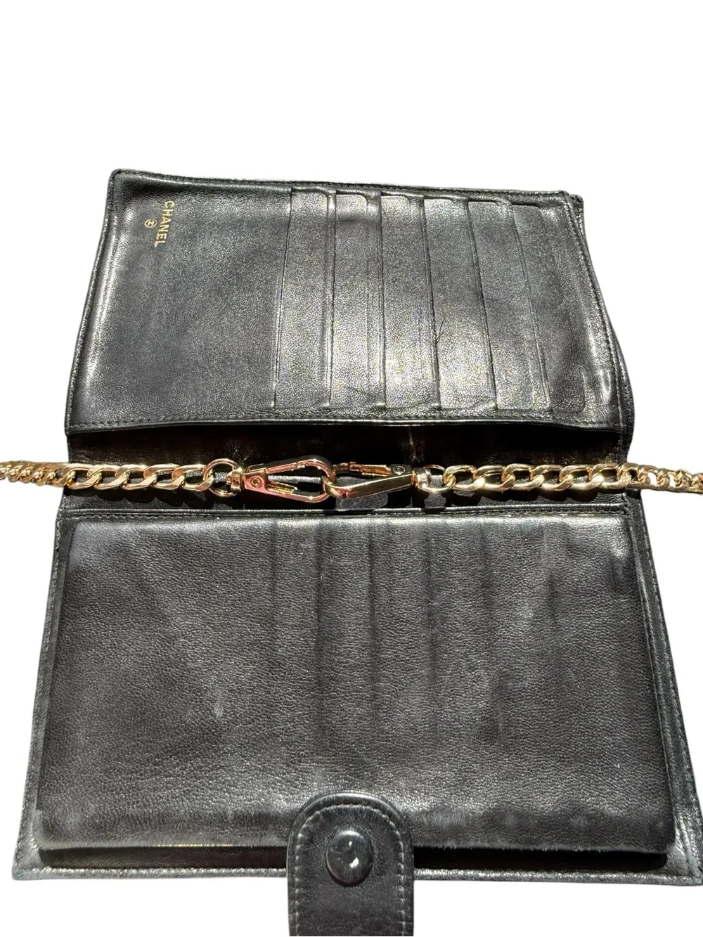 Beautiful Black Leather CHANEL Wallet Series 4 w/ Unbranded Crossbody Chain
